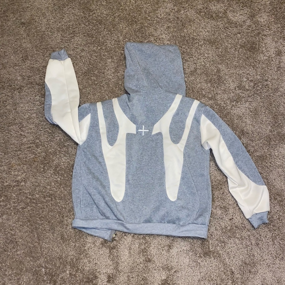 Gray and White Hoodie with Cross Design